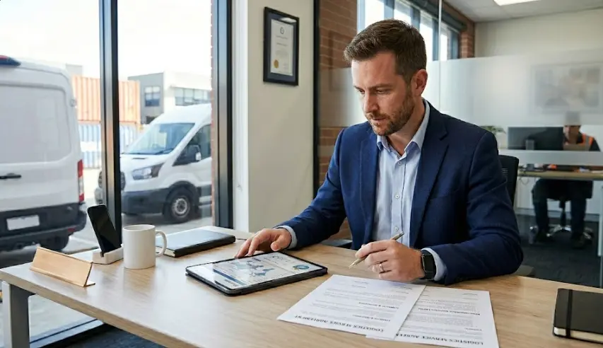 Un homme d'affaires en veste bleue assis à son bureau, calculant un devis de transport de marchandises sur sa tablette numérique