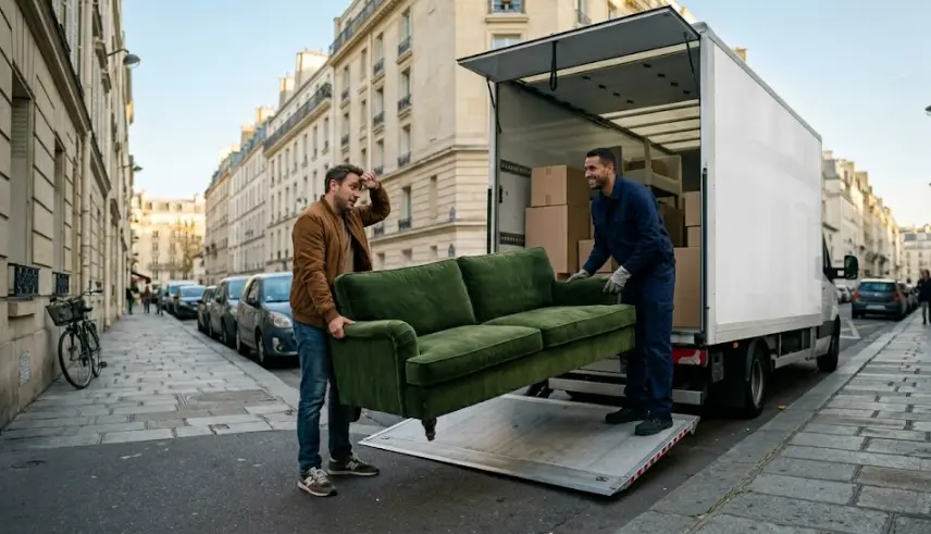 Chargement d'un canapé dans un camion de transport en ville